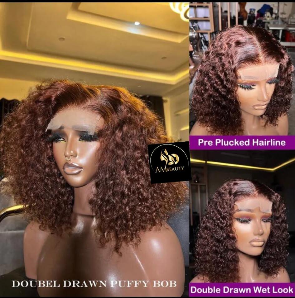 perruque marron chocolat 13x4 condulée et avec frange, en cheveux humains bouclés. mèches pré décolorées. sans colle. ligne frontale naturelle. perruque haute densité 200% avec longues boucles.